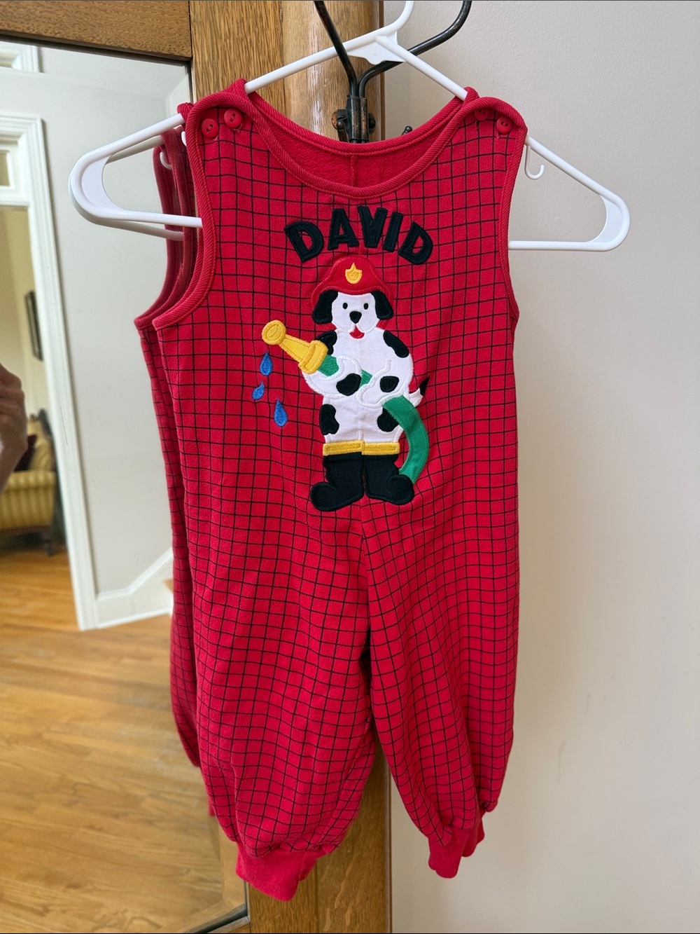 Kelly's Kids Red Plaid Romper with Firefighter Puppy Applique